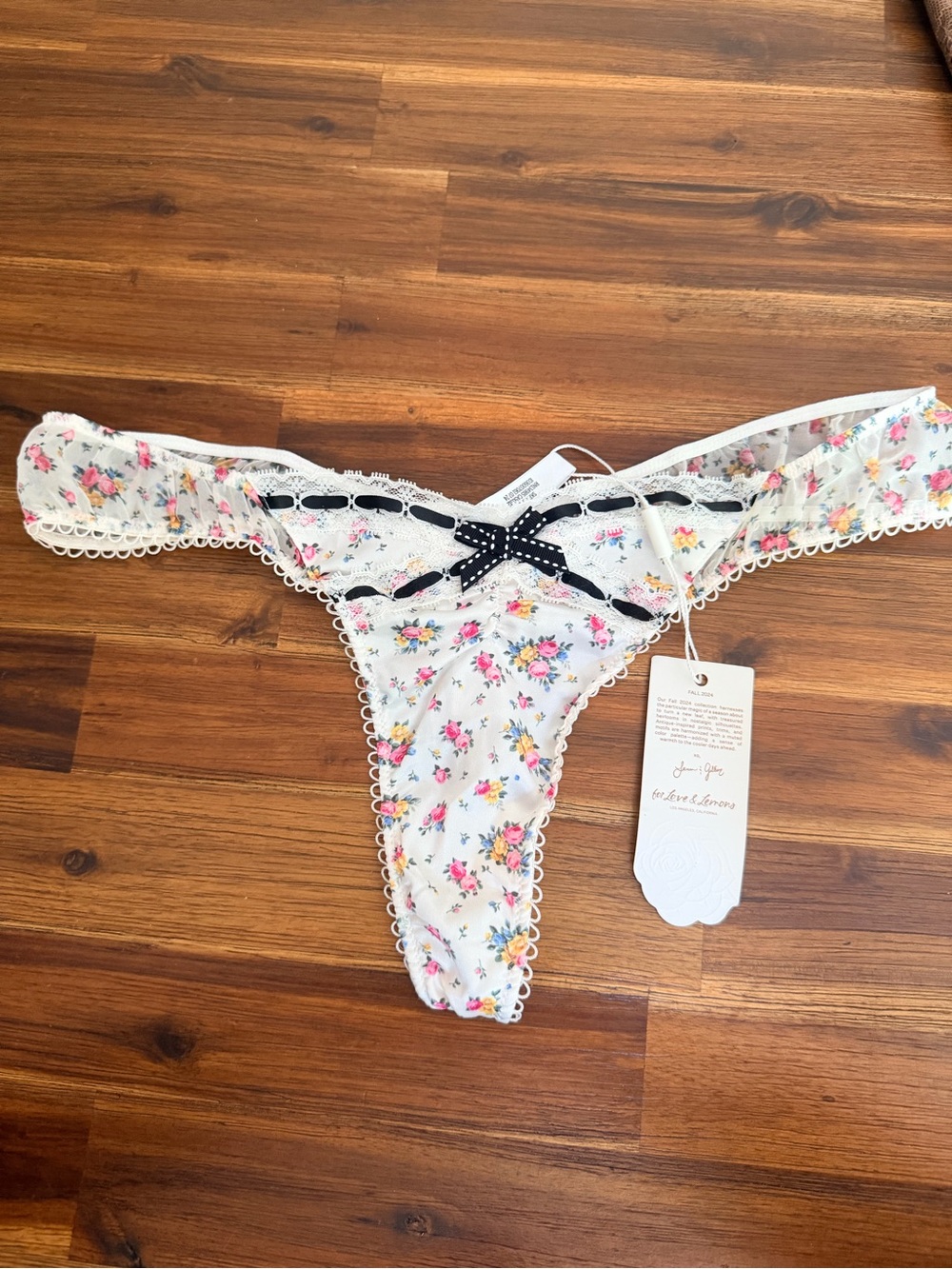 For Love & Lemons White Floral Mesh Thong with black Bow